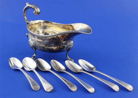 A George IV provincial silver sauceboat and 6 teaspoons, gross 9.5 oz.